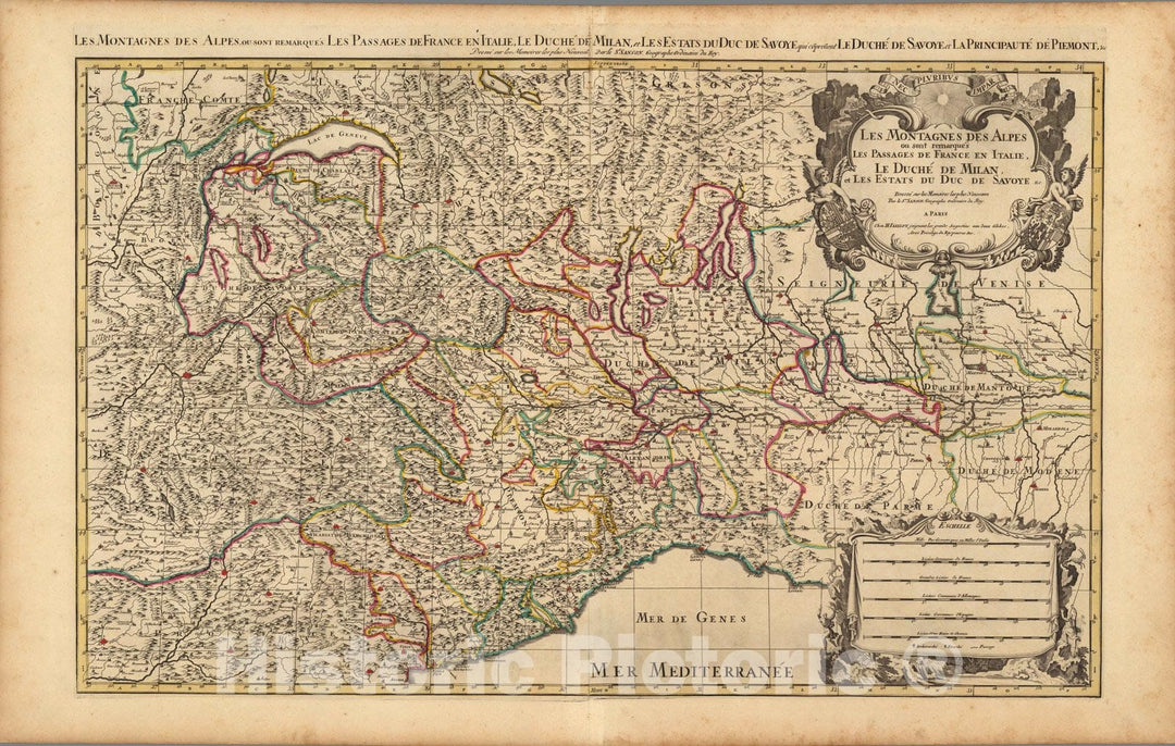 Historic Map : France, Alps (Europe)Les Montagnes des Alpes Le Duche de Milan. 1708 , Vintage Wall Art