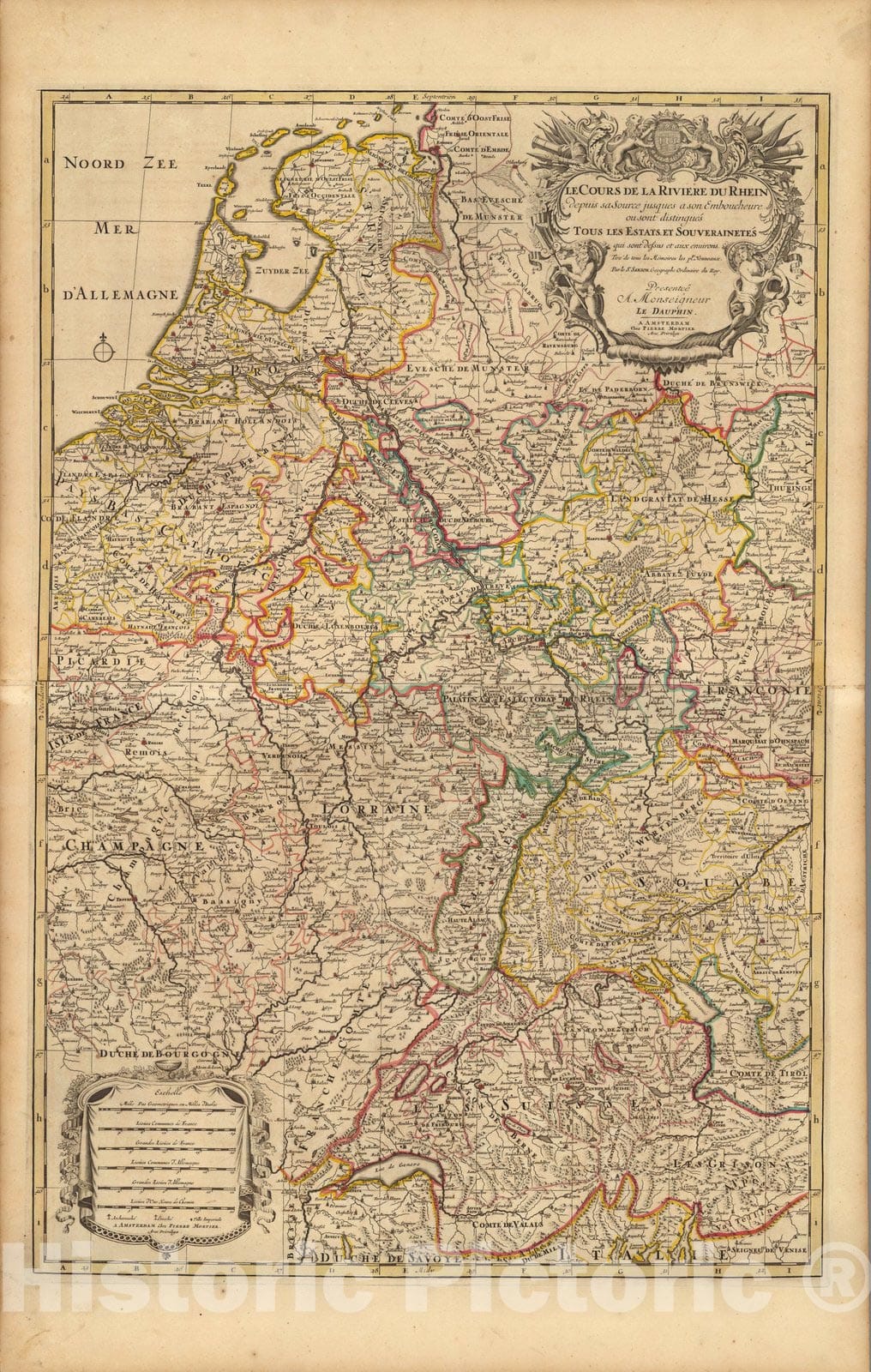 Historic Map : Netherlands, Rhine River , GermanyLe Cours de la Riviere du Rhein. 1708 , Vintage Wall Art