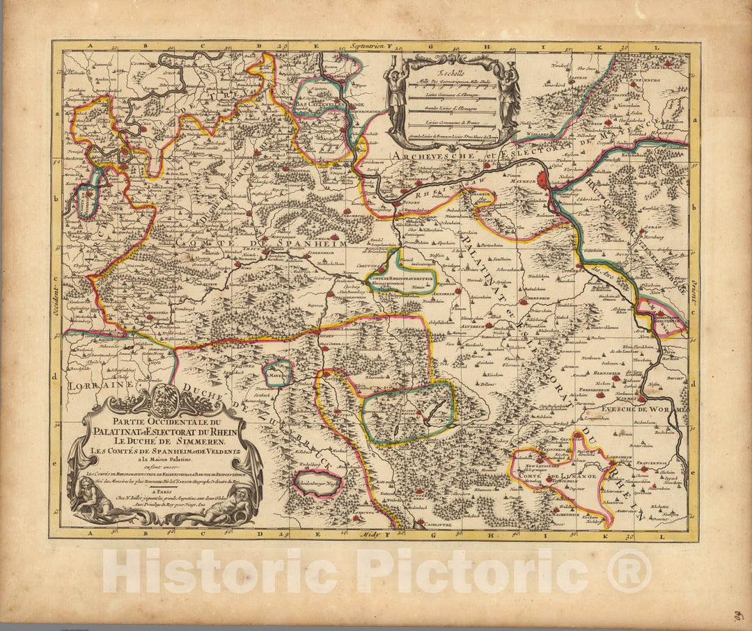 Historic Map : Rhine River , GermanyPartie Occidentale du La Palatinat et Electorat du Rhein. 1708 , Vintage Wall Art