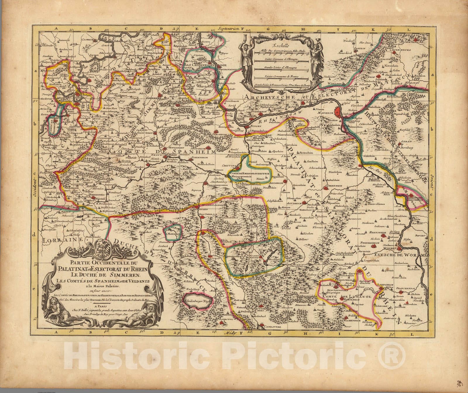 Historic Map : Rhine River , GermanyPartie Occidentale du La Palatinat et Electorat du Rhein. 1708 , Vintage Wall Art