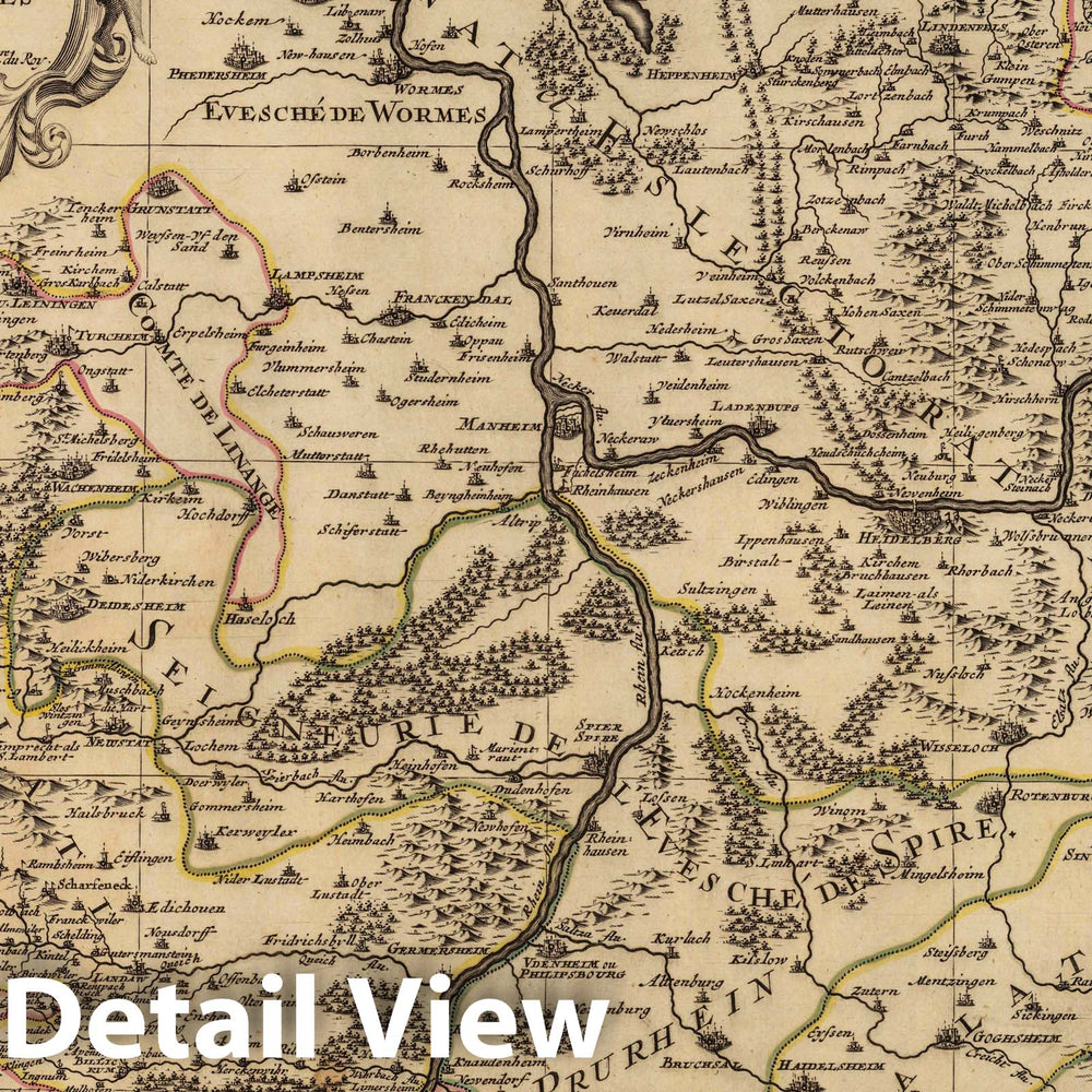 Historic Map : Rhine River , GermanyPartie Orientale du La Palatinat et Electorat du Rhein. 1708 , Vintage Wall Art