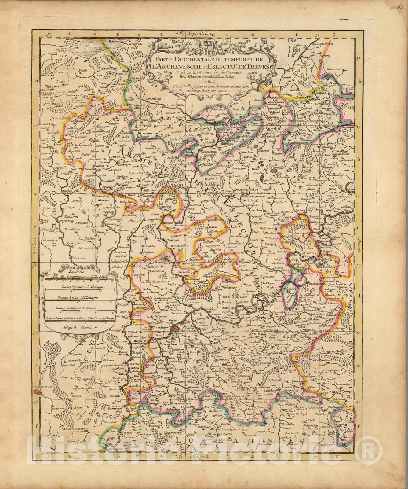 Historic Map : Trier , GermanyPartie Occidentale du Temporel de L'Archevesche et Eslectorat de Treves. 1708 , Vintage Wall Art