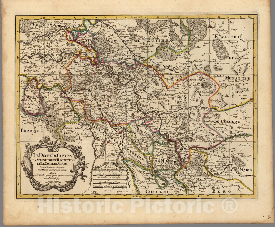 Historic Map : Rhine RiverLe Duche de Cleves. 1708 , Vintage Wall Art