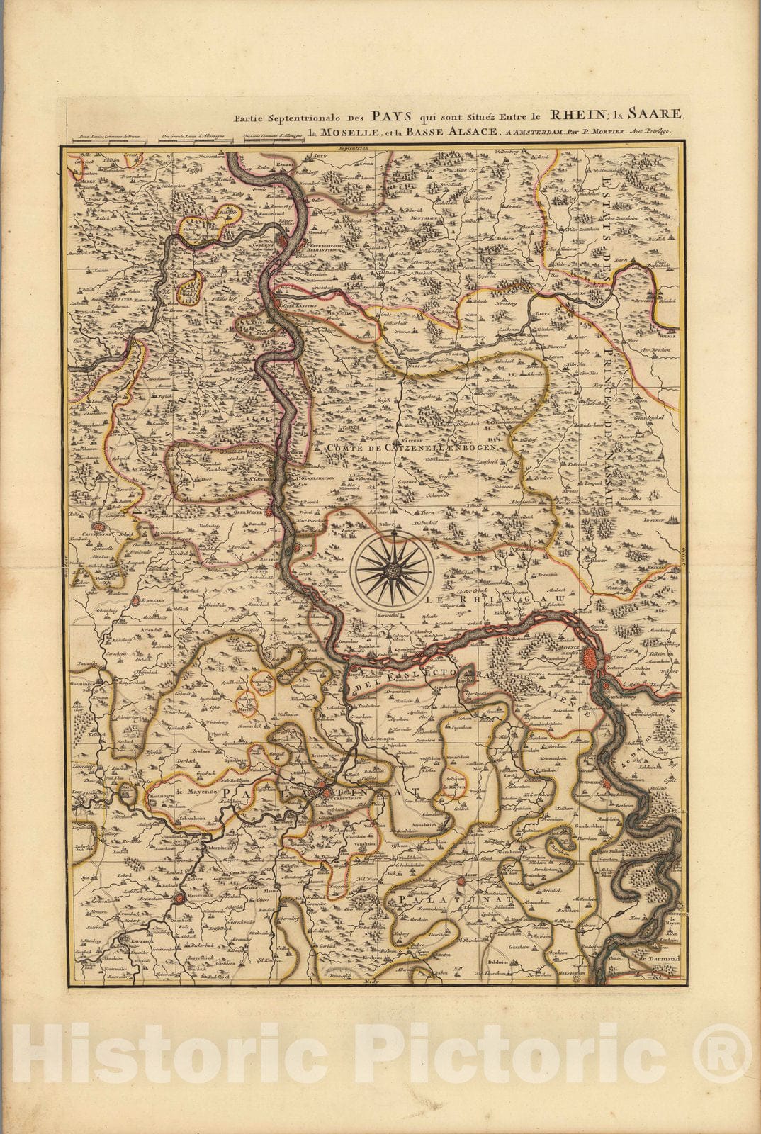 Historic Map : Rhine River , GermanyPartie Septentrionale des Pays qui sont situez Entre le Rhein, la Saare, la Moselle, et la Basse Alsace. 1708 , Vintage Wall Art