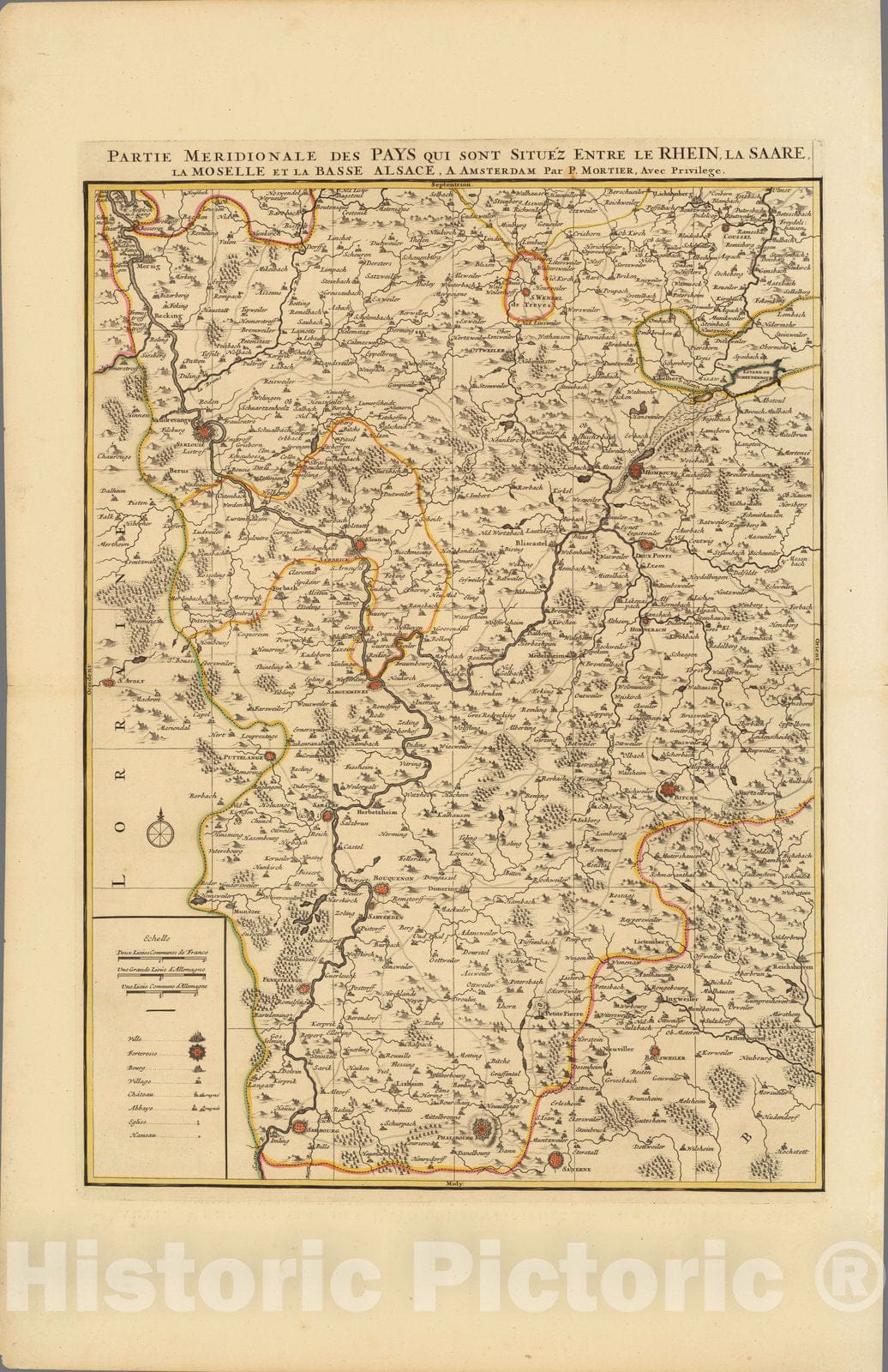 Historic Map : Rhine River , GermanyPartie Meridionale des Pays qui sont situez Entre le Rhein, la Saare, la Moselle, et la Basse Alsace. 1708 , Vintage Wall Art