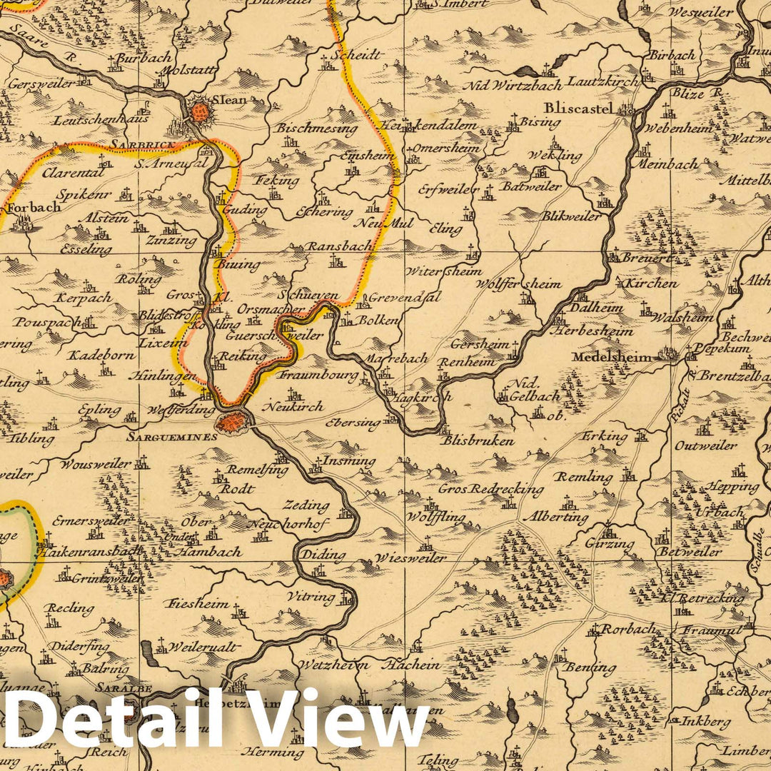 Historic Map : Rhine River , GermanyPartie Meridionale des Pays qui sont situez Entre le Rhein, la Saare, la Moselle, et la Basse Alsace. 1708 , Vintage Wall Art