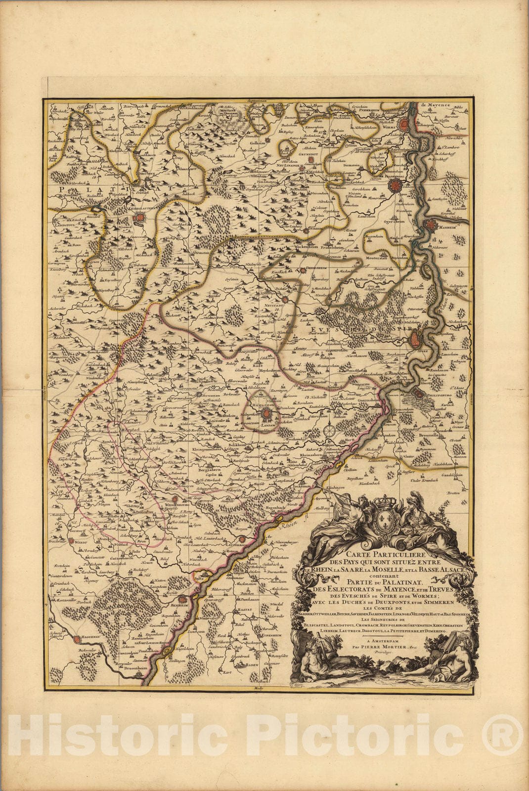 Historic Map : Rhine River , GermanyCarte Particuliere des Pays qui sont situez Entre le Rhein, la Saare, la Moselle, et la Basse Alsace. 1708 , Vintage Wall Art