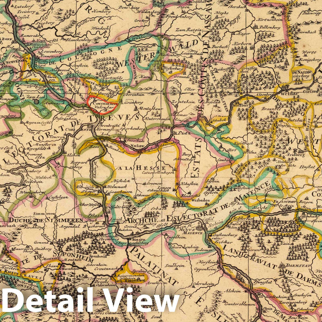 Historic Map : Rhine River , GermanyLe Cercle Eslectoral du Rhein. 1708 , Vintage Wall Art