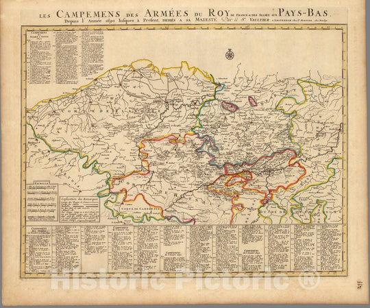 Historic Map : Flanders , FranceLes Campemens des Armees du Roy de France & des Alliez aux Pays-Bas. 1708 , Vintage Wall Art