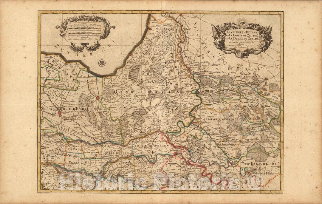 Historic Map : Guelders (Netherlands)La Veluwe, La Betuwe, et Le Comte de Zutphe dans Le Duche de Gueldre. 1708 , Vintage Wall Art