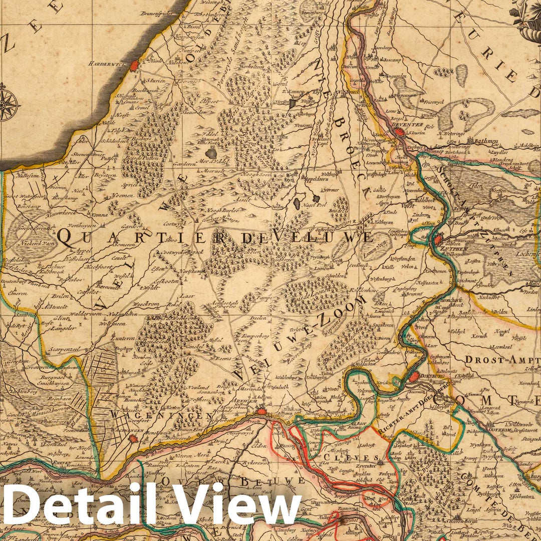 Historic Map : Guelders (Netherlands)La Veluwe, La Betuwe, et Le Comte de Zutphe dans Le Duche de Gueldre. 1708 , Vintage Wall Art