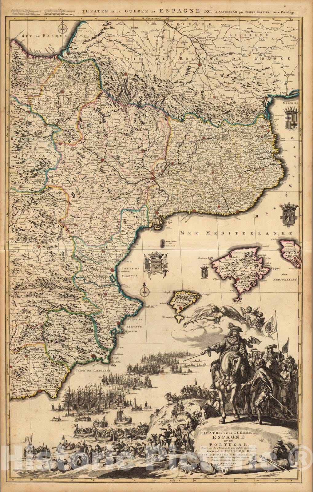 Historic Map : Spain, Pyrenees (Spain, France)Theatre de la Guerre en Espagne et en Portugal (eastern portion). 1708 , Vintage Wall Art