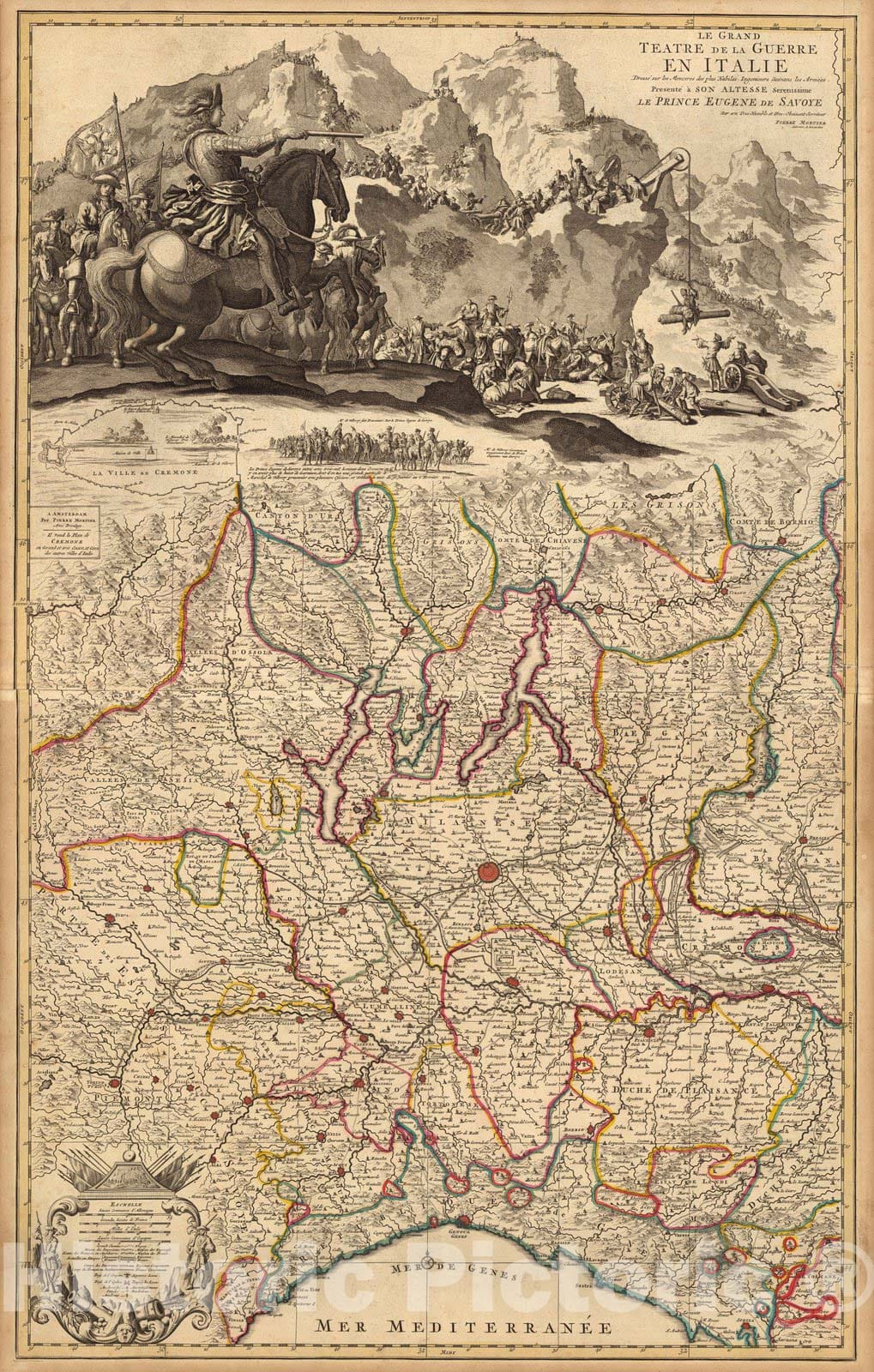 Historic Map : Po River (Italy)Le Grand Teatre de la Guerre en Italie (western sheet). 1708 , Vintage Wall Art