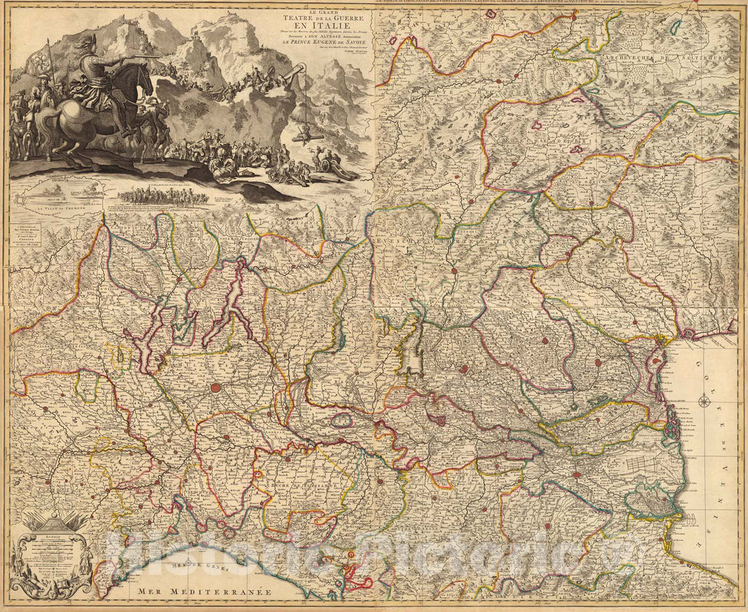 Historic Map : Po River (Italy) Composite Map: Le Grand Teatre de la Guerre en Italie (western sheet), 1708 , Vintage Wall Art