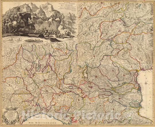 Historic Map : Po River (Italy) Composite Map: Le Grand Teatre de la Guerre en Italie (western sheet), 1708 , Vintage Wall Art