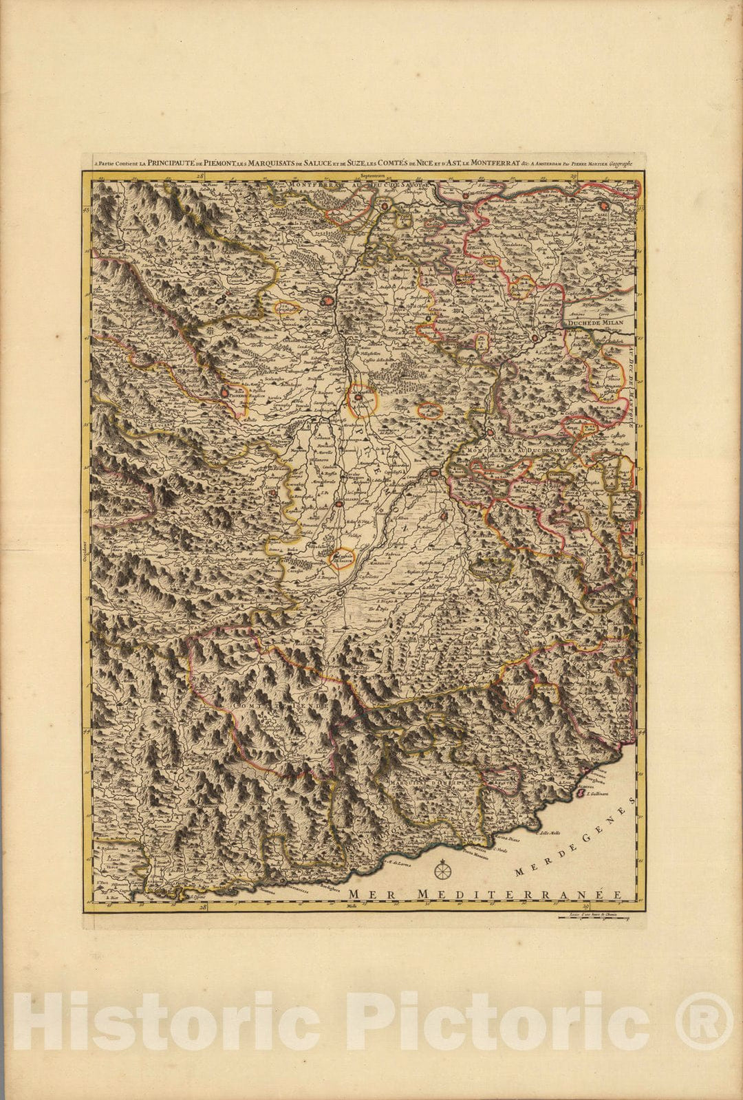 Historic Wall Map : Piedmont (Italy)Partie Contient la Principalite de Piemont. 1708 , Vintage Wall Art