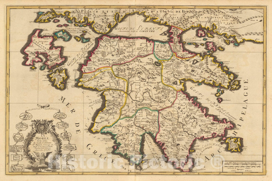 Historic Map : Peloponnesian Peninsula (Greece)La Moree. 1708 , Vintage Wall Art