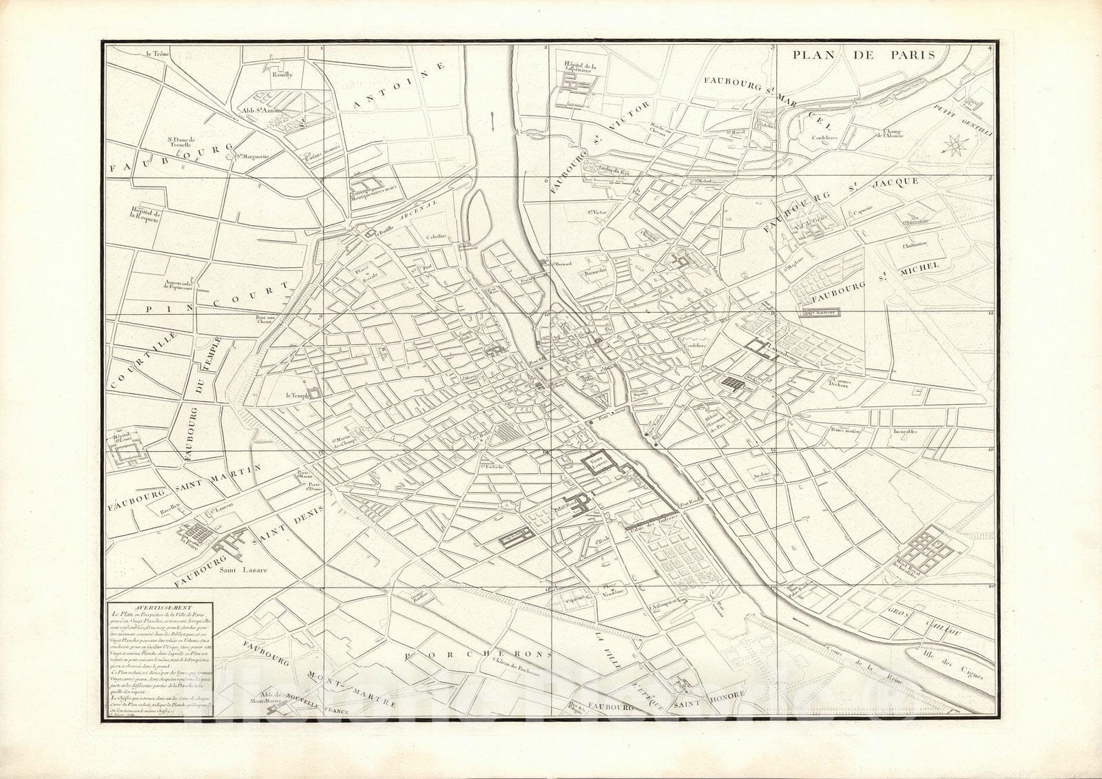 Historic Map : Paris , France, City Atlas Map, Key Sheet. Paris. Plan de Turgot 1739 , Vintage Wall Art