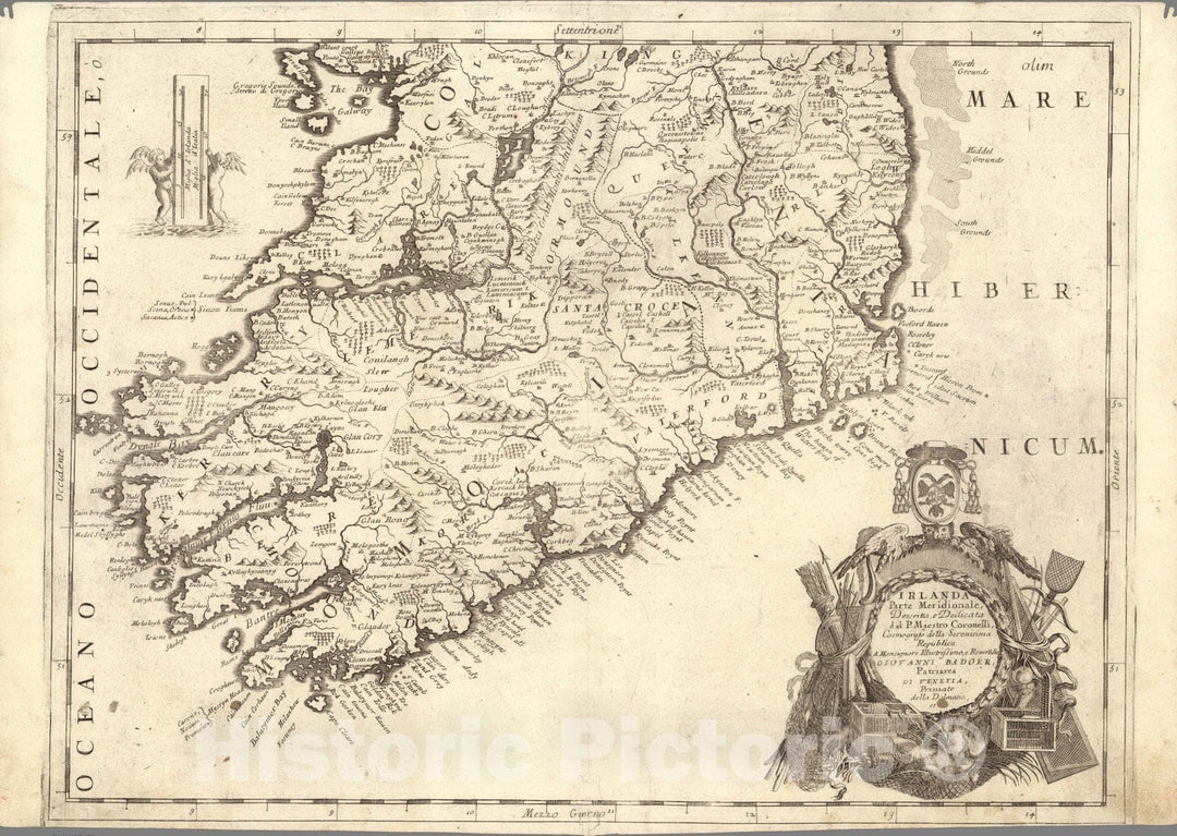 Historic Map : Ireland,Irlanda Parte Meridionale 1697 , Vintage Wall Art