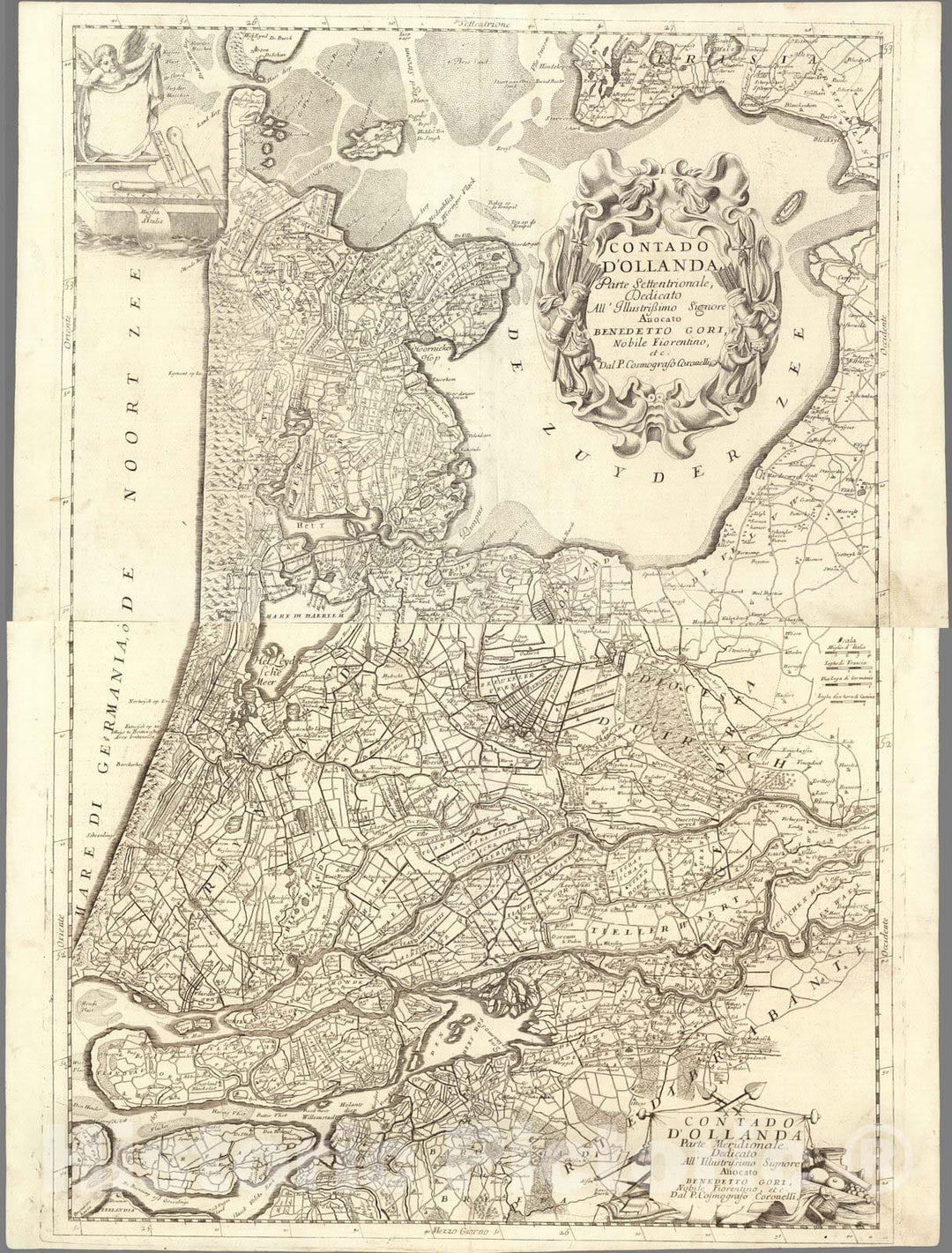 Historic Wall Map : Netherlands.,Composite: Contado d'Ollanda parte settentrionale. Contado D'Ollanda Parte Meridional 1697 , Vintage Wall Art