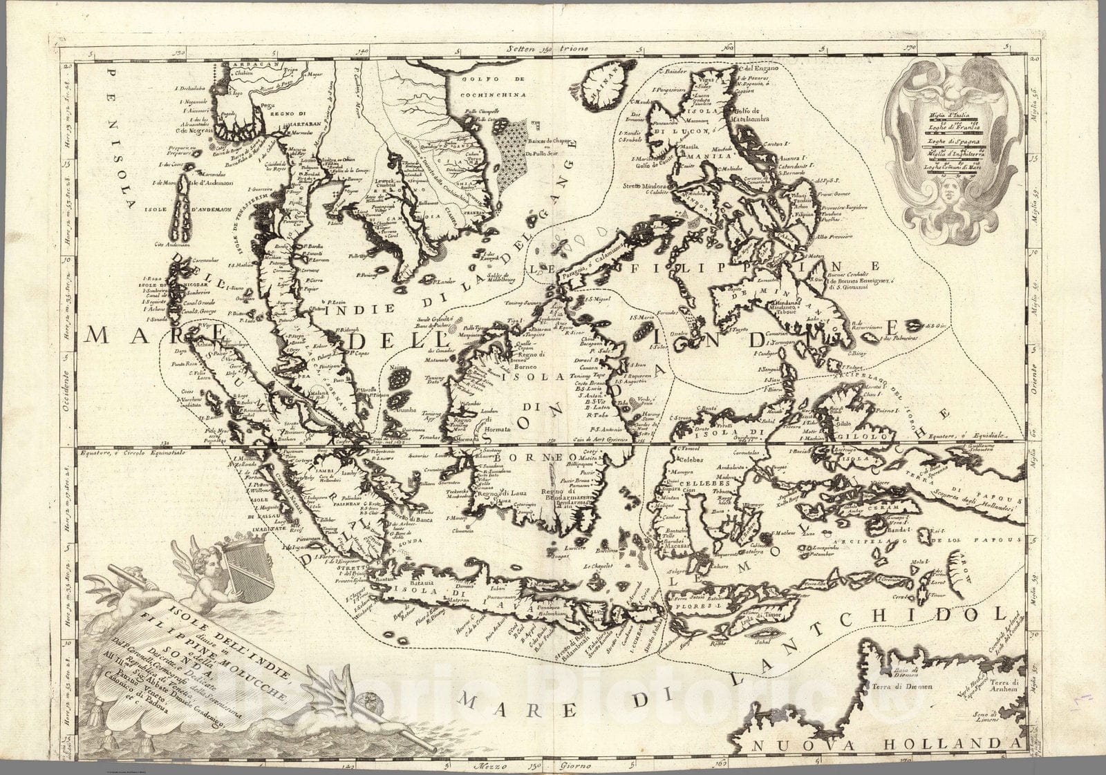 Historic Map : Southeast AsiaIsole Dell' Indie, divise in Filippine, Molucche, e della Sonda 1697 , Vintage Wall Art