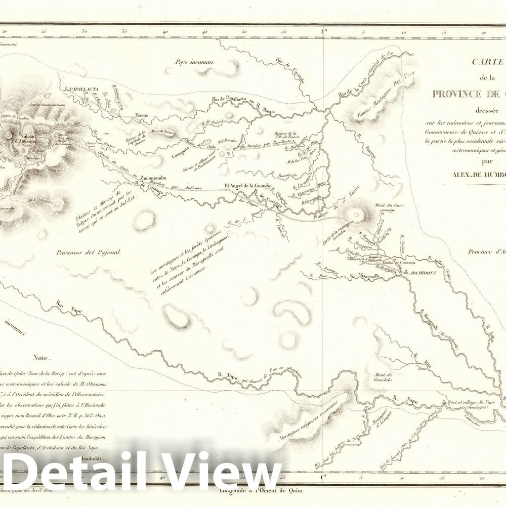 Historic Map : Napo River (Ecuador) Exploration Book, X. Carte de la province de Quixos entre le Rio Napo et le dome trachytique d'Antisana. 1802 , Vintage Wall Art