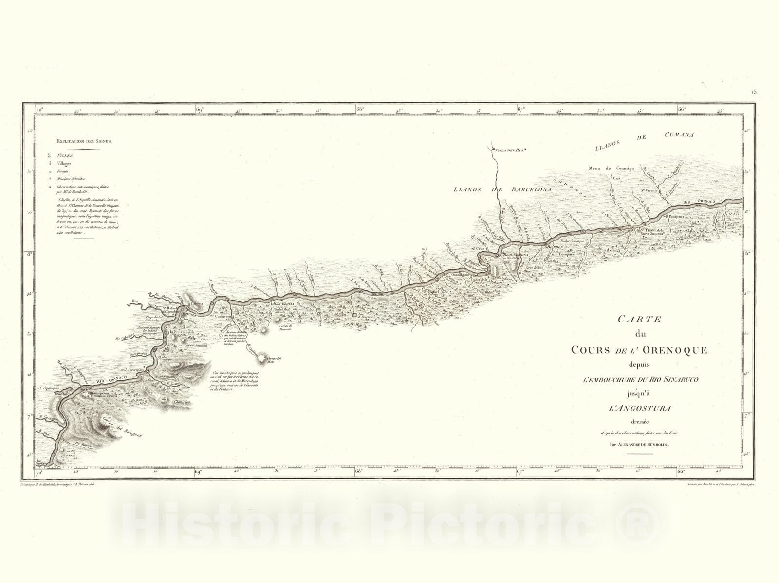 Historic Map : Orinoco River (Venezuela) Exploration Book, XV. Cours de l'Orenoque depuis l'embouchure du Rio Sinaruco jusqu'a l'Angostura. 1813 , Vintage Wall Art