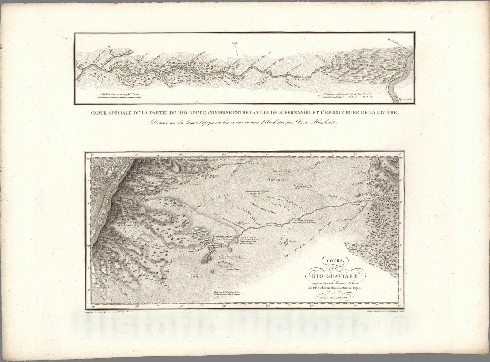 Historic Map : Guaviare River (Colombia)Cours du Rio Guaviare et de la partie de l'Apure comprise entre la ville de San-Fernando, 1814 , Vintage Wall Art