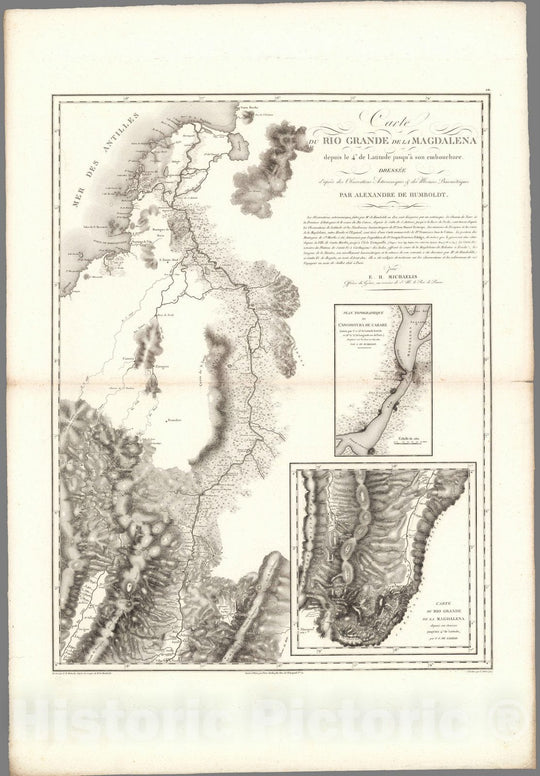 Historic Map : Magdalena River (Colombia) Exploration Book, XXIV. Carte du Rio Grande de la Magdalena, depuis ses sources jusqu'a son embouchure. 1834 , Vintage Wall Art