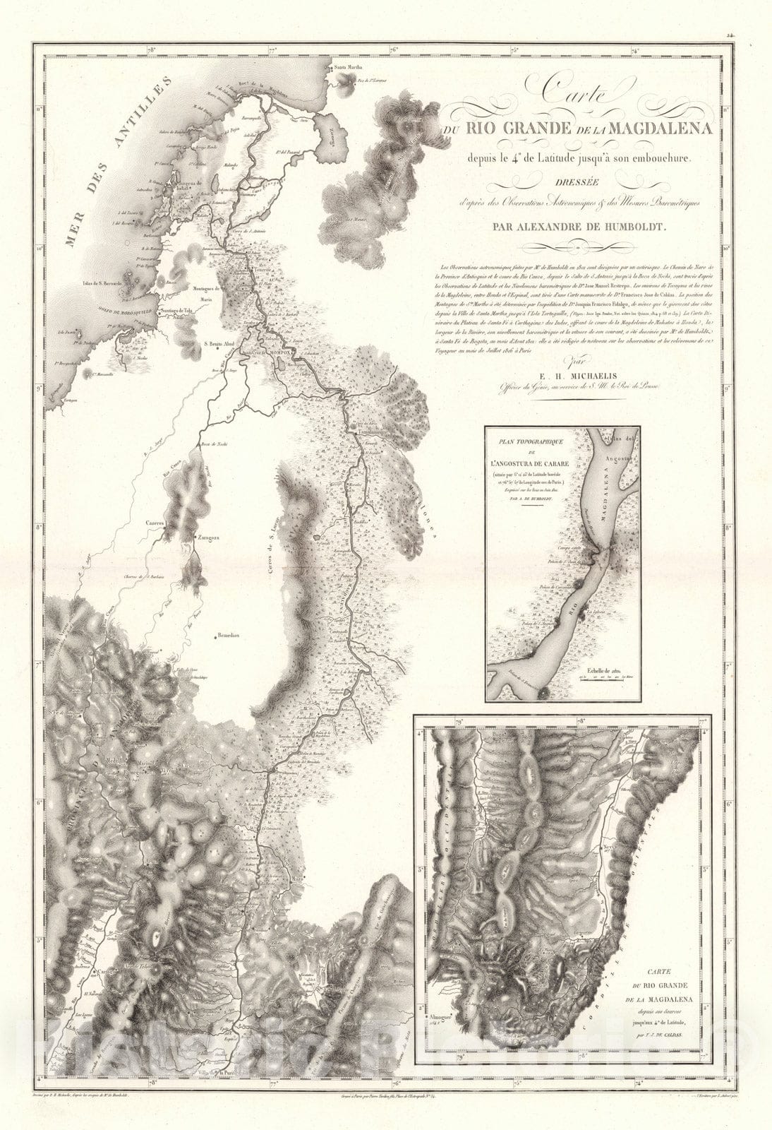 Historic Map : Magdalena River (Colombia) Exploration Book, XXIV. Carte du Rio Grande de la Magdalena, depuis ses sources jusqu'a son embouchure. 1834 , Vintage Wall Art