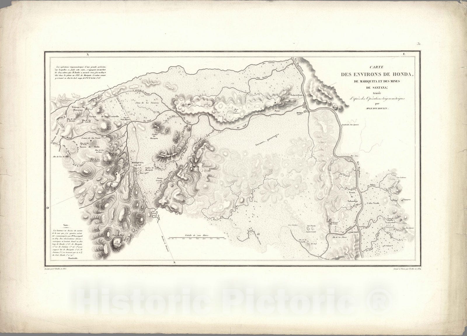 Historic Map : Tolima (Colombia) Exploration Book, XXXI. Carte des Environs de Honda, de Mariquita et des Mines de Santana. 1834 , Vintage Wall Art