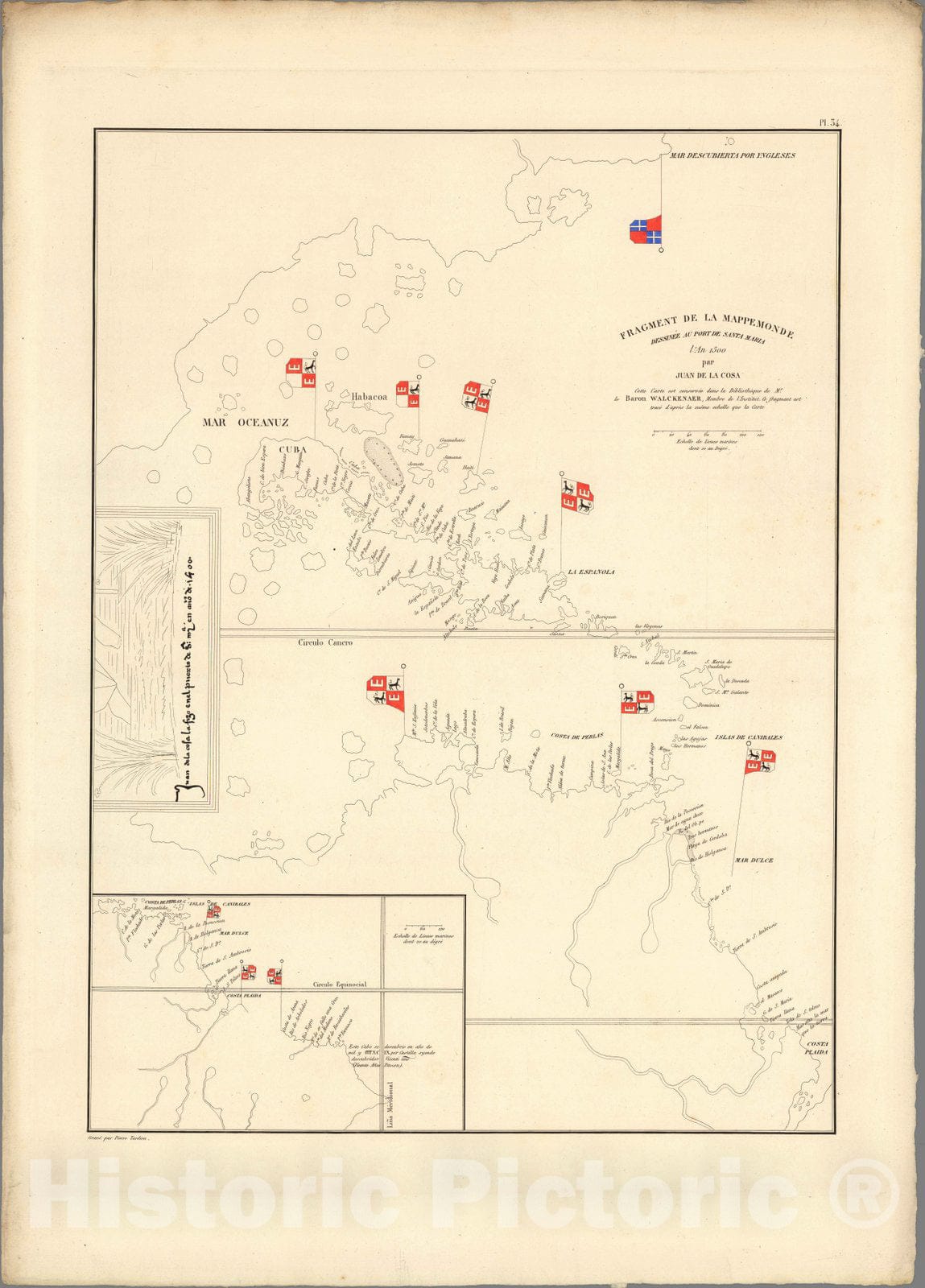 Historic Map : Caribbean, West Indies XXXIV. Fragment de lHistoric Mappemonde dessinee au Port de Santa Maria l'An 1500 par Juan de la Cosa, 1834 , Vintage Wall Art