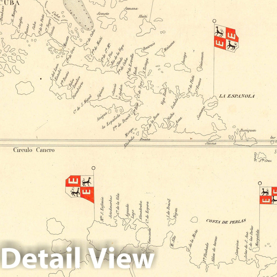 Historic Map : Caribbean, West Indies XXXIV. Fragment de lHistoric Mappemonde dessinee au Port de Santa Maria l'An 1500 par Juan de la Cosa, 1834 , Vintage Wall Art