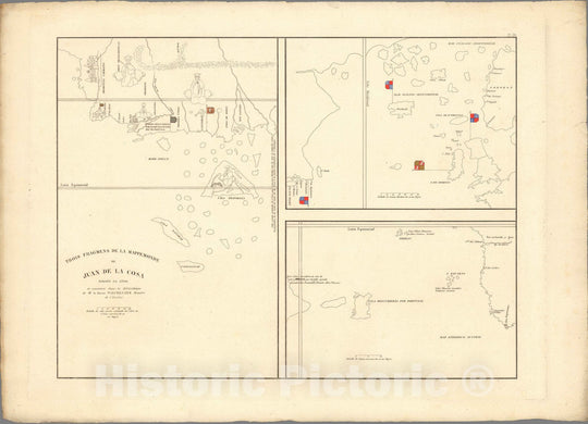 Historic Map : India, XXXVI. Trois Fragmens de lHistoric Mappemonde de Juan de la Cosa tracee in 1500, 1834 , Vintage Wall Art