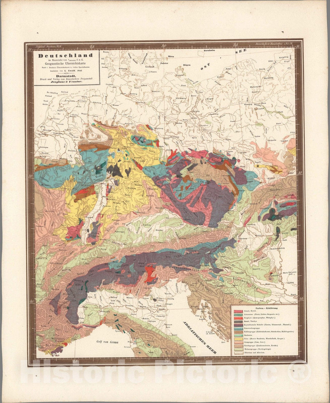 Historic Map : Germany,No. 12. Deutschland Geognostische Ubersichtskarte. 1847 , Vintage Wall Art