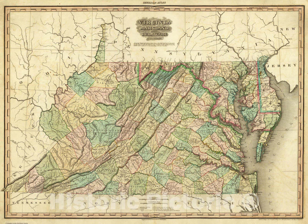 Historic Map : World Atlas Map, Virginia, Maryland and Delaware. 1823 - Vintage Wall Art