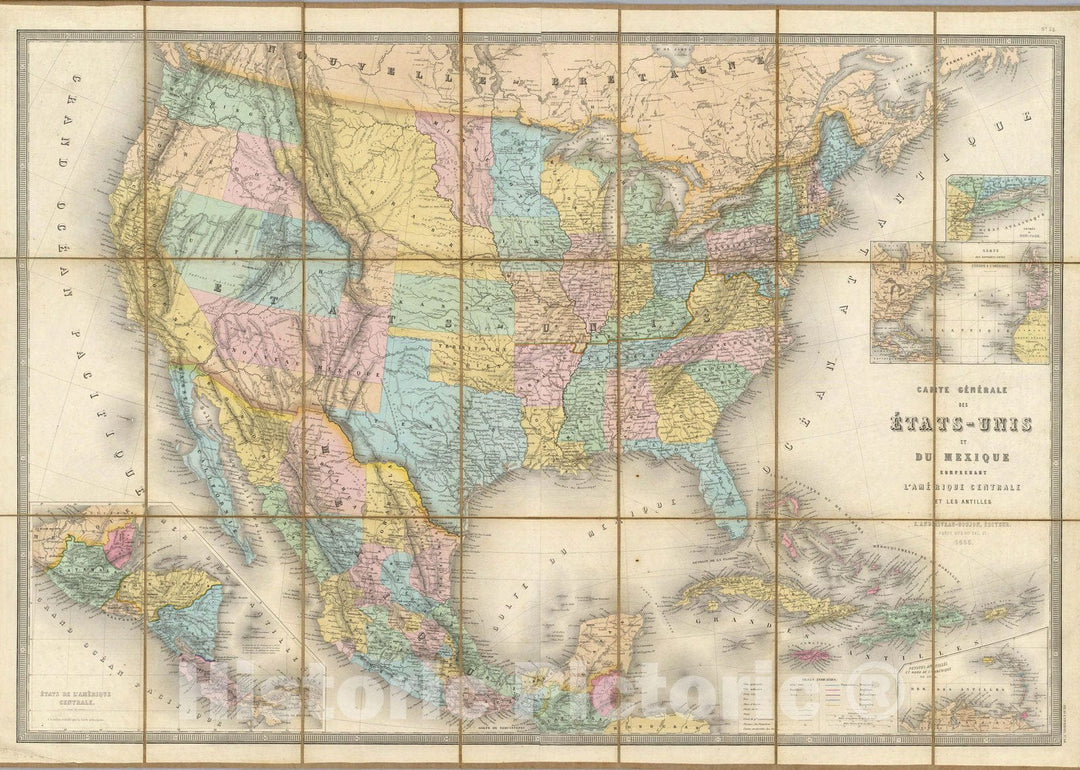 Historic Map : Mexico; United States, Pocket Map, Carte Generale Des Etats. 1865 , Vintage Wall Art