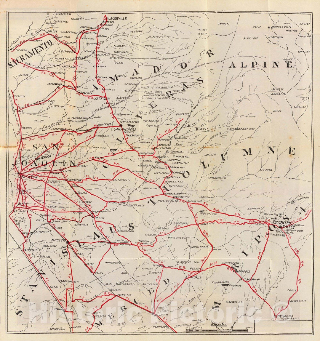 Historic Map - Guide Book, Sacramento, Amador, Calaveras, San Joaquin, Tuolumne, Stanislaus, Merced, and Mariposa Counties. 1896, - Vintage Wall Art