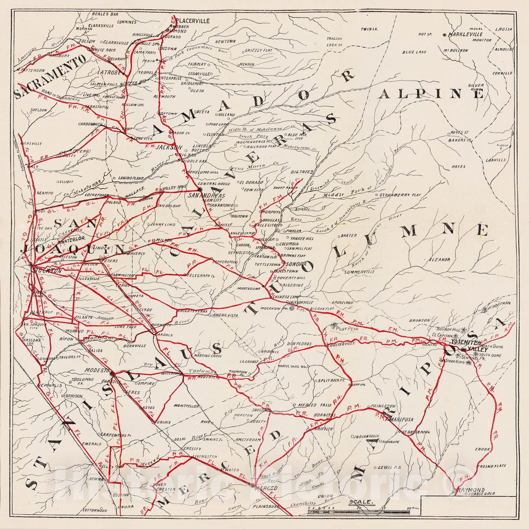 Historic Map - Guide Book, Sacramento, Amador, Calaveras, San Joaquin, Tuolumne, Stanislaus, Merced, and Mariposa Counties. 1896, - Vintage Wall Art