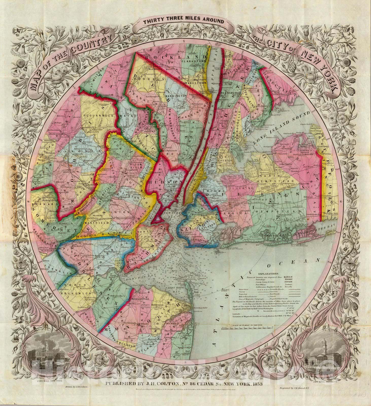 Historic Map : Map Around The City of New York, 1853 - Vintage Wall Art