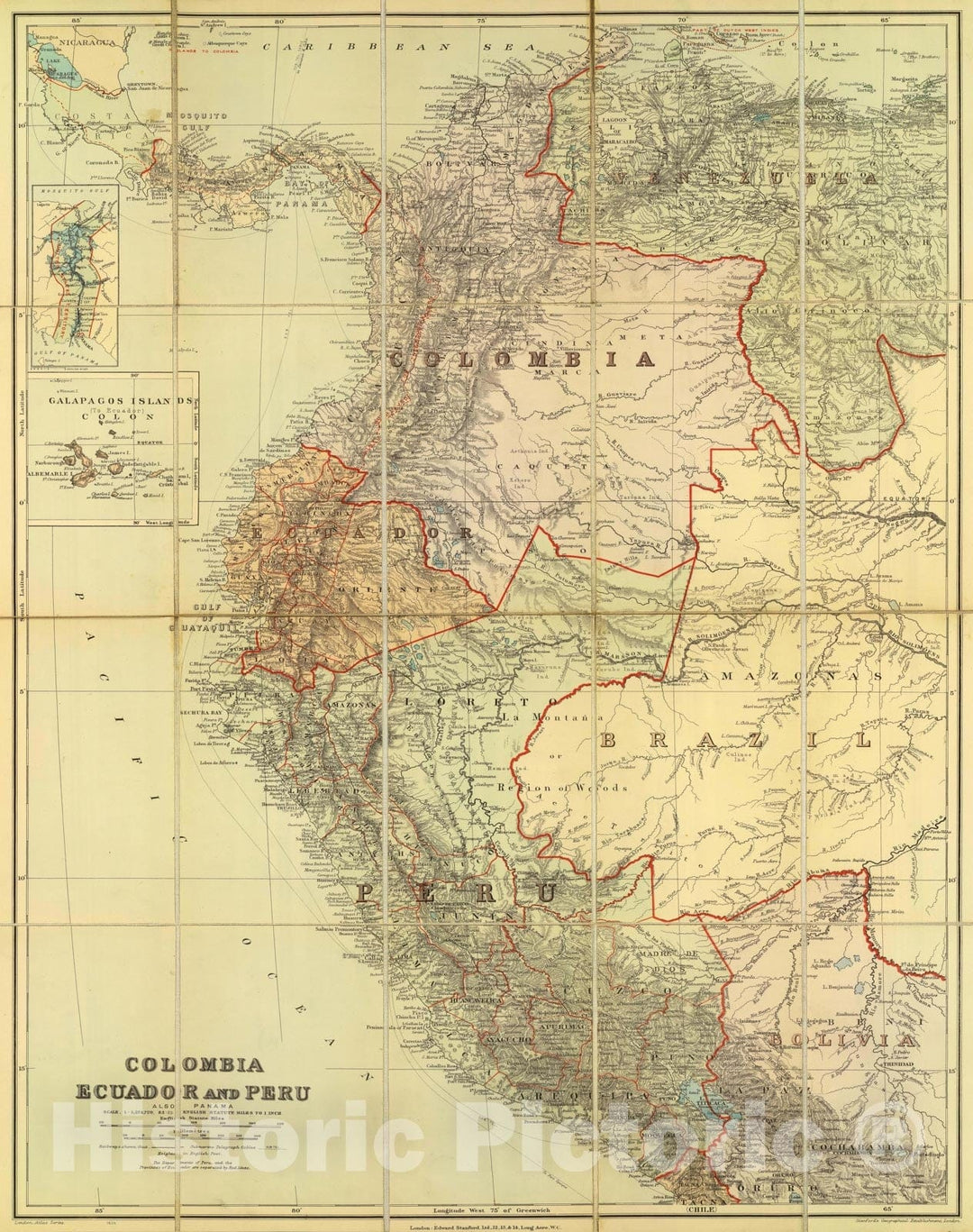 Historic Map : Colombia; Ecuador, Canal Zone Colombia, Ecuador, Peru, Panama. 1922, , Vintage Wall Art