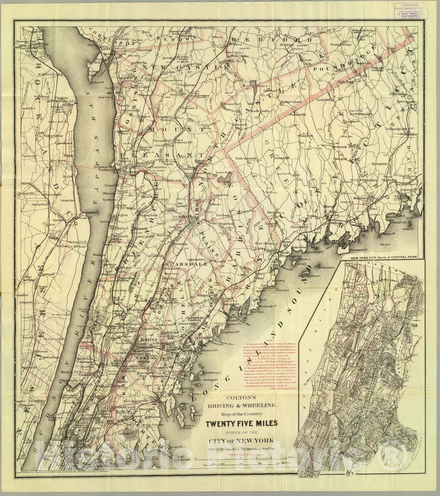 Historic Map : Colton's driving & wheeling map of the country twenty five miles north of the city of New York, 1892 - Vintage Wall Art