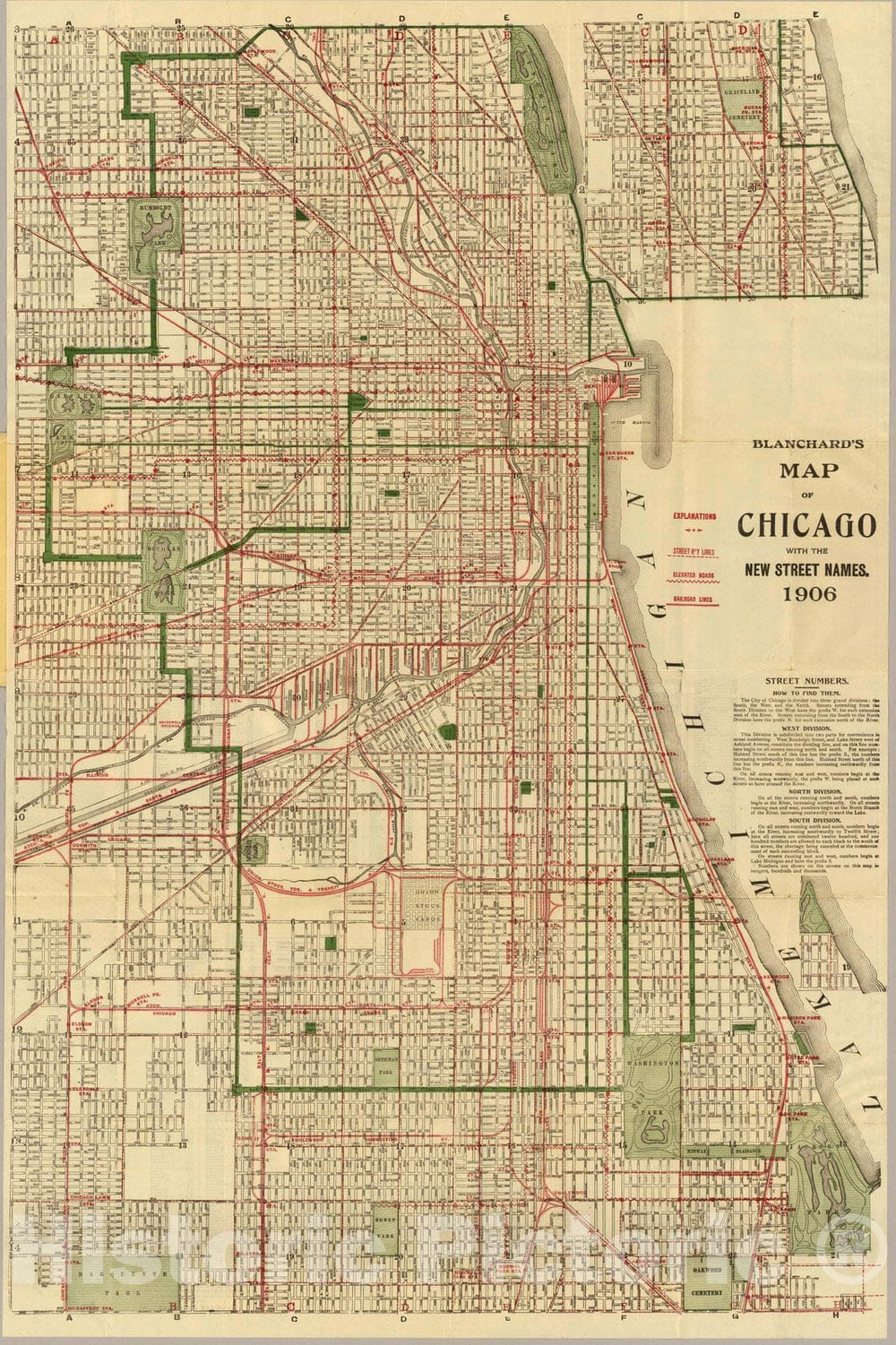 Blanchard's Map of Chicago, Illinois, (IL) 1906 - Vintage Wall Art