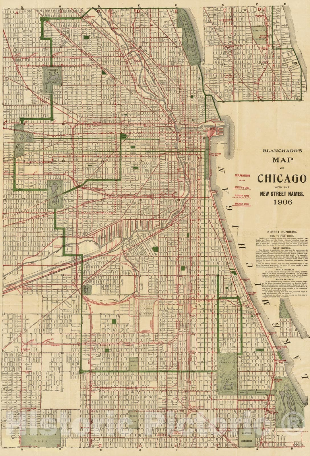 Historic Map - Blanchard's map of Chicago, 1906, - Vintage Wall Art