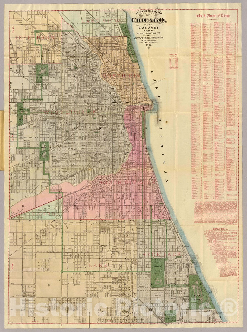 Blanchard's Map of Chicago, Illinois (IL), 1886 - Historic Wall Art