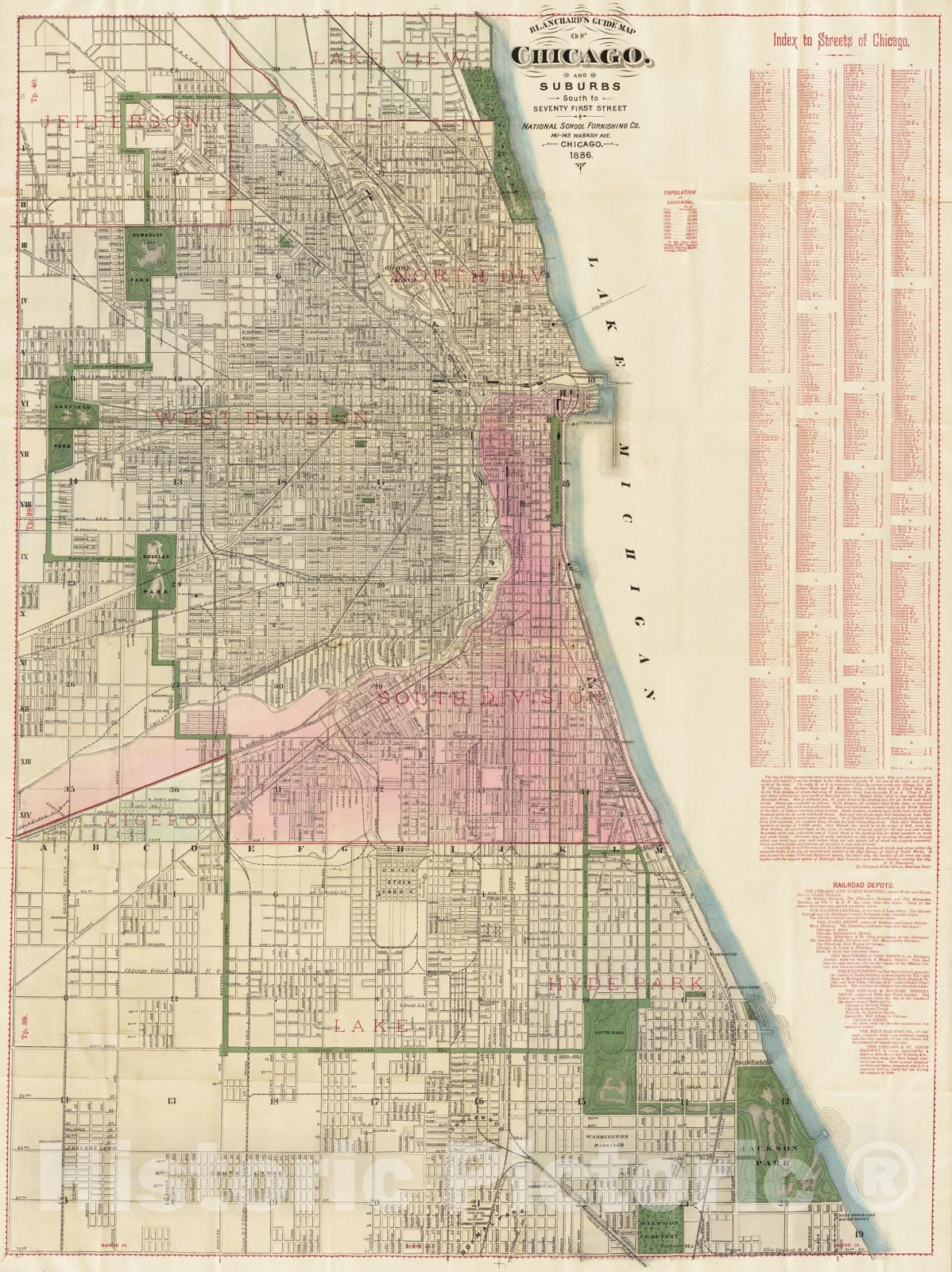 Historic Map - Blanchard's guide map of Chicago, 1886, - Vintage Wall Art