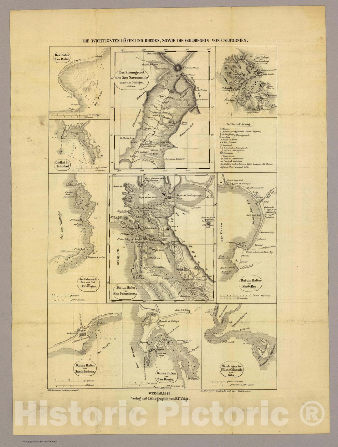 Historic Map : San Diego (Calif), California, Monterey Bay Region Pocket Map, Wichtigsten Hafen und Rheden, Goldregion von Californien. 1849 , Vintage Wall Art