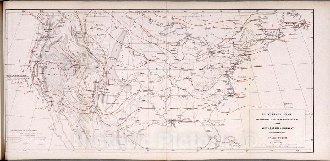 Historic Map : Survey Book, Isothermal chart: Mean distribution of heat for the Spring on the North American Continent 1857 - Vintage Wall Art