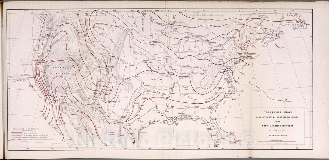 Historic Map : Survey Book, Isothermal chart: Mean distribution of heat for the Summer on the North American Continent 1857 - Vintage Wall Art