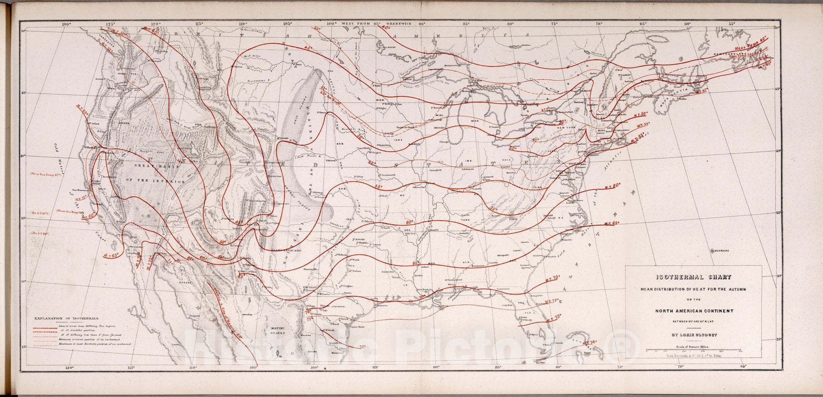 Historic Map : Survey Book, Isothermal chart: Mean distribution of heat for the Autumn on the North American Continent 1857 - Vintage Wall Art